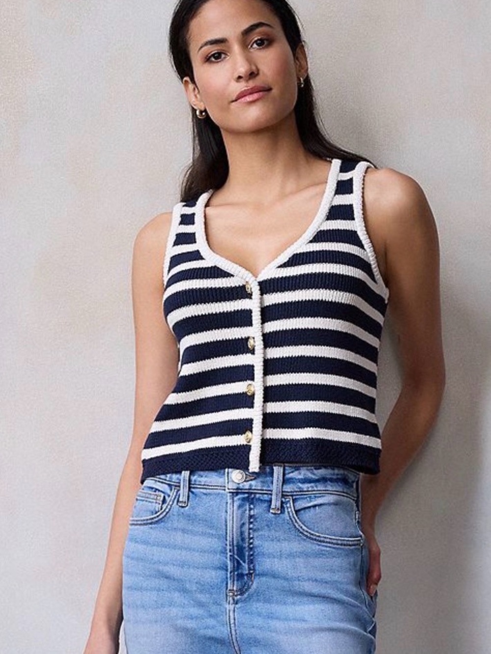 LC Lauren Conrad Navy & White Striped Knit Button-Front Tank